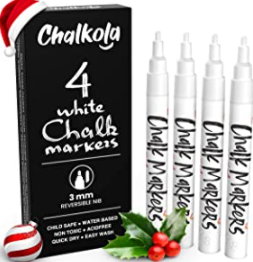  White Chalk Markers Fine Tip (4 Pack 3mm) - Wet & Dry Erase Chalk Pens for Blackboard