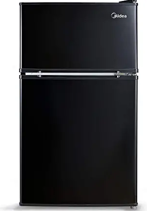 Midea WHD-113FB1 Double Door Mini Fridge with Freezer for Bedroom Office or Dorm with Adjustable Remove Glass Shelves Compact Refrigerator